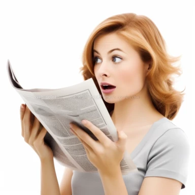 realistic clipart white back ground of a modern female reading the news