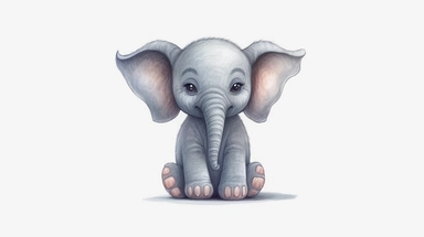 A charming hand-drawn elephant clip art, captured in a style reminiscent of children's book illustrations. The elephant is adorable, with large, round eyes and a playful, upturned trunk. The medium is digital, but the style should mimic the texture and warmth of pencil on paper. The elephant is the sole focus of the image, standing against a pristine white background that highlights its form. The lighting is soft and even, creating a gentle shadow beneath the elephant to give a sense of depth. T