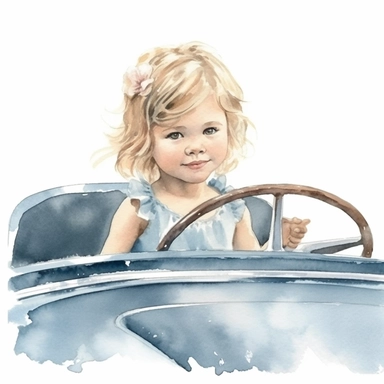 adorable cute vintage little girl in driving in cute light blue cabriolet, clipart style, watercolor technique, no background, super cute, high quality clipart