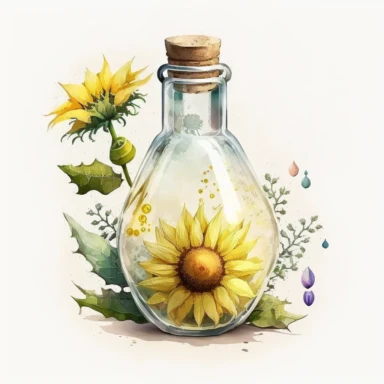 a vial of potion with sunflowers inside, white and yellow vibes, watercolor clipart