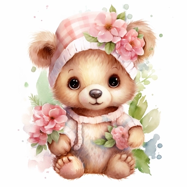 cute kind baby girl bear plays, full figure, flowers , cartoon style, watercolor, bright shining eyes, kawaii, clipart, White Background, detailed 8K