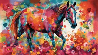 A vibrant watercolor of a single horse rendered as a digital clipart, drawing inspiration from the bold, expressive blooms found in Emil Nolde's garden paintings, featuring a vivid color palette that captures the flowers' natural radiance, illuminated by bright, contrasting light that emphasizes the rich, saturated hues and dynamic brushwork, and composed using an organic, free-flowing layout that conveys a sense of movement and growth.