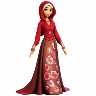muslim clipart doll beautiful woman wearing a long skirt with a rose print, red long tunic with long sleeve, a beautiful hijab muslim head scarf in red and rose print, holding a long necklace of white pearls, beautiful tanned skin, hd,8k, clipart, white background,