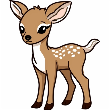 Here's an input for a simple clipart of a baby deer: Shape/ Form: A small, slender body with long legs A round head with large, expressive eyes and small ears Short, delicate antlers on top of the head Color: Light brown fur with white spots on the back and sides A white underbelly Size: The body should be about the size of a basketball The legs should be long and thin, about twice the length of the body Other: The deer should have a friendly expression, with a slight smile and the eyes looking 
