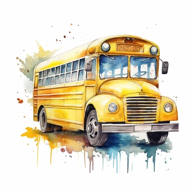 A clipart image of a watercolor school bus on a white background, showcasing the iconic yellow color and fun details.