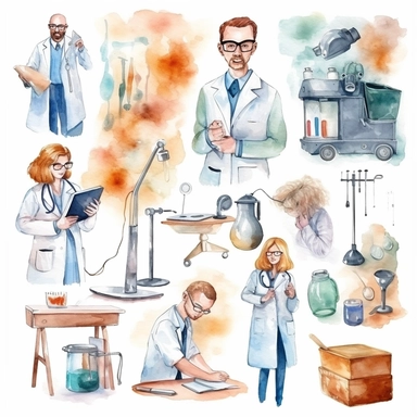 watercolor doctor related scenes  Products for dentists to screen, diagnose & treat patients, illustrations clipart set, simple, , cartoon elements ,different variants , nurse, doctor, ,separate elements with a margin