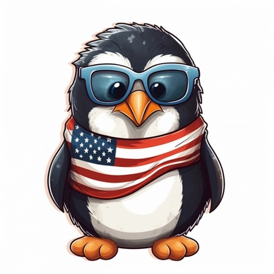 Sticker, American flag with penguin scarf and sunglasses Sublimation Clipart, Cartoon funny, Cute anime, Very detailed, white background