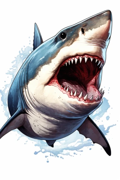drawn illustration of a shark open jaw , clip art, watercolor, digital art, Intense color, HD, white background, clean line art, Rich and accurate details, ultimate luxury
