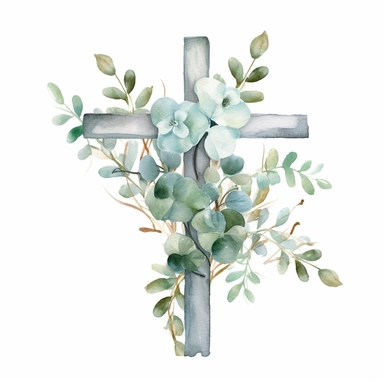watercolor cross clip art with eucalyptus around it on white background