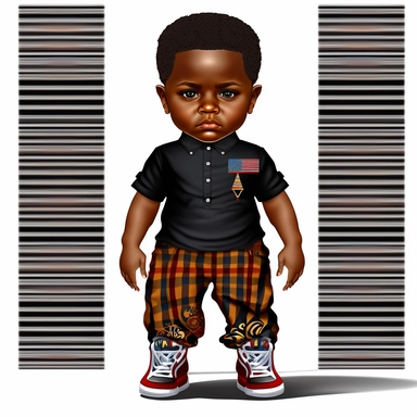 2d clipart, Full body, Gorgeous dark-skinned African American design of Beautiful tiny boy, attractive and chubby, He is wearing Juneteenth print pants, cool juneteenth print shirt, and cool shoes. 8k, white background, hyperrealistic graffitti fire brown color red matte black color white--no doubles