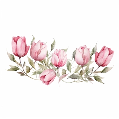 Adorable watercolor retro garland of small and delicate light rose tulips for wedding invitation, watercolor clipart, high quality clipart, no background, high details