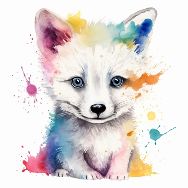 please create watercolor clipart of a baby arctic fox wearing face paint like a clown, smiling, cute ,colorful