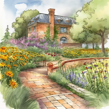 Create a visually stunning watercolor clipart illustration of a large home garden display, showcasing an abundance of lavender, wildflowers, and sunflowers. Enhance the scene with a long brick walkway leading to a picturesque stream in the background. Aim for a high-quality artwork that captures the charm and serenity of a garden oasis. Start by sketching the outline of the garden, emphasizing the lush greenery and flower beds. Populate the garden with vibrant lavender plants, clusters of wildfl
