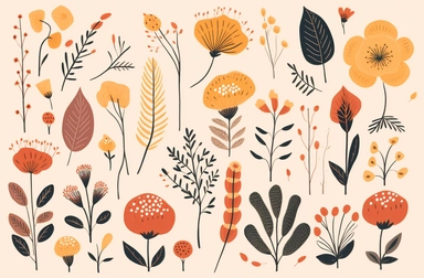a collection of flowers and foliage clipart, in the style of organic shapes and curved lines, cute and dreamy, whimsical cartoonish, warm color palette, animated gifs, norwegian nature, whimsical doodles