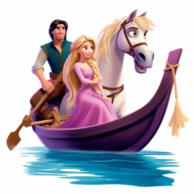 rapunzel, fin rider and horse, in boat, cartoon Disney, clipart, white background