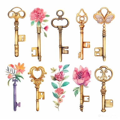 assorted gold keys inspired by Alice in wonderland watercolor illustration, design elements isolated on white background, vintage clip art - Image #4 <@1098423716465102849>