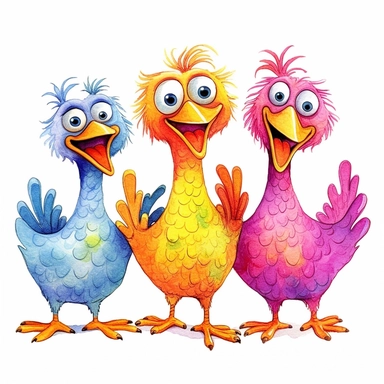 funny happy pink, yellow, blue, orange, and green three chickens with ideal eyes, face, wings and legs, after pinnata party, hight detailed faces, cartoon style, white background, black outside lines, designs, white background, watercolor pencil drawing, small details, digital art, clipart, super acurate, –testp, pixar,