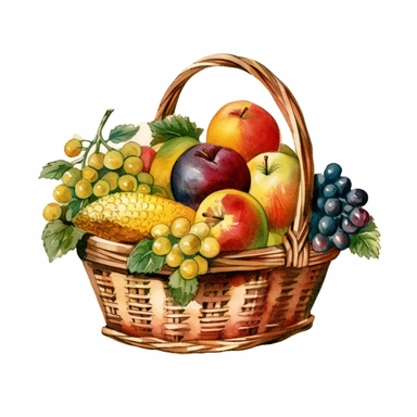 vintage basket full of fruit, watercolor, clip art, white background
