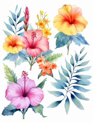 watercolor clipart set with white background, cute hibiscus, plumeria, bougainvillea, and protea flowers, adorable, flat design, clearly defined with separated images, high quality