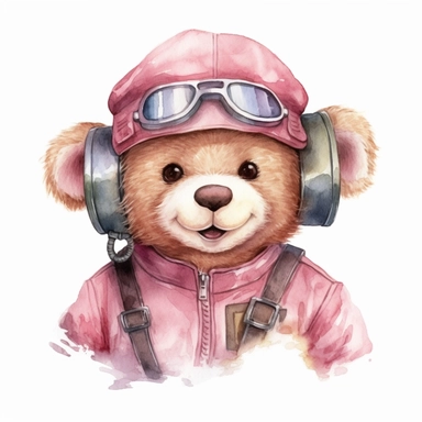 Watercolor Teddy Bear waring Pink shirt as an aeroplane pilot on an aeroplane, multiple expression, happy and smiling clipart on a white background