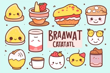kawaii breakfast food clipart set, in the style of kawaii street art, text and emoji installations, loose linework, kawaii art, clipart, vector, minimal, white background