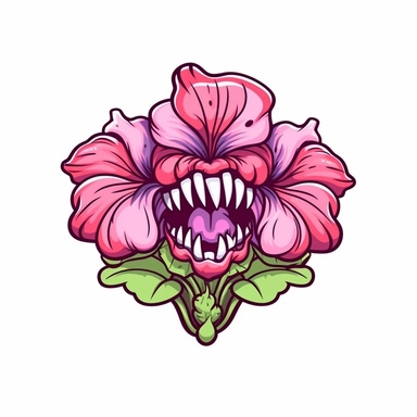 Fanged Geranium, a magical flower with sharp teeth, cartoon style, clipart, white background, vintage theme