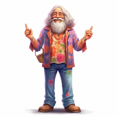 Groovy hippie 60s grandpa, hands in pockets, Funny cartoon flower power clipart, hyper realistic, intricate detail, illustration style, high solution, on the white background