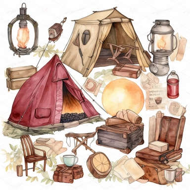 camping clipart camping clipart, in the style of tanya shatseva, light maroon and bronze, ephemera, gari melchers, grid-based, ilford pan f, happening, white background
