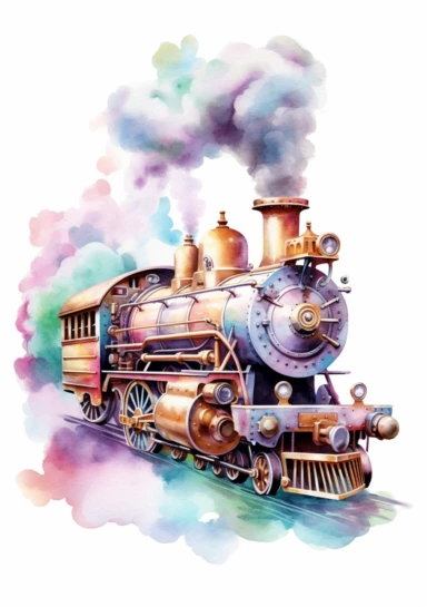 Pastel train, big beautiful locomotive, bursting with steam, Steampunk Clipart, Printable Watercolor, Retro Futuristic, Victorian Era Art Print, colorful, details, high quality 8K, white background