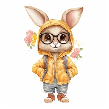 A detailed illustration of a very cute and friendly bunny with a big personality, , wearing clothes, Hand drawn watercolor clipart in the style of Nidhi Chanani on white background