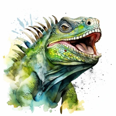 Happy Green iguana, watercolor, sharp illustration clipart, insane detail, white background