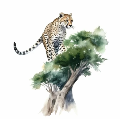 realistic watercolor cheetah climb up a green tree while waiting for predator on solid white background, clipart
