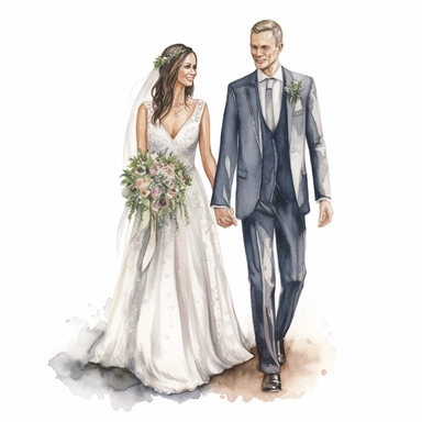 Watercolour of a bride and groom , Clipart,Cartoon,hyper realistic, intricate detail, illustration style,high resolution, isolated on a white background