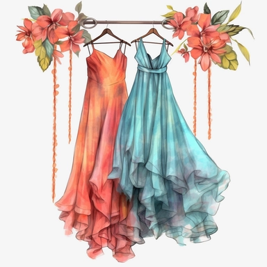 panoramic view, full view, beautiful flowing tropical party dress in vibrant colors on ornate hanger, shabby chic, elegant, ethereal, romantic, fantasy, high detail, shabby chic, sharp focus, 8k, illustration sketch, clipart style, transparent background