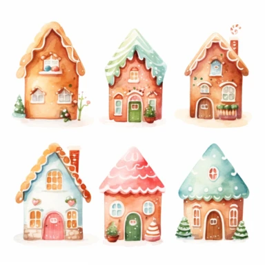 very simple watercolour childrens book style drawing of different cute gingerbread houses, pastel colours soft on white background for clipart, 8k