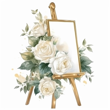 hand drawn gold easel with a blank white sign, white roses and white flowers with greenery, glamorous, very detailed and realistic, watercolor, clipart style, white background with margins