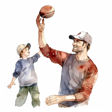 A father and son playing catch with a baseball or football, Watercolor, Clipart, transparent background PNG