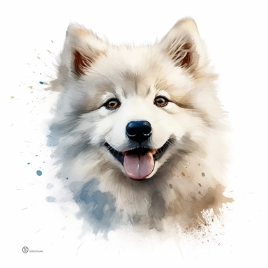 cute Canadian Eskimo Dog dog portrait, full face, centered shot, side shot, dynamically posed, in action, playful mood, happy mood, playing mood, cute face, adorable smile, childlike eyes, clean watercolor illustration, white background, nursery baby imagery, painting, detailed, 8k, PNG, clipart,