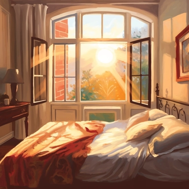 The morning sunlight shines into the window, and there is a bed in the room with oil paintings, White background, Clip Art Style