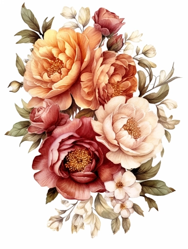 clear watercolor burgundy and peach peonies in corner arrangement border, hyper detailed, high definition, ultra realistic, clipart, white background,