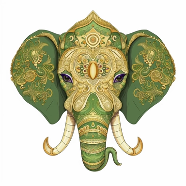 Flat illustration, Delicate embroidery depicts the head of traditional Chinese elephant head dance, with green and gold as the main colors, bright lighting, unimaginable details, a lot of negative white space, uhd, 16k,white background, clipart