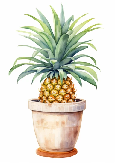 little watercolor pineapple tree growing in mediterranean pot clipart on white background