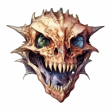 scary face of a lizard skull demon with disgusting teeth, watercolor, ultra high-detail, dark outlines, white background, clipart