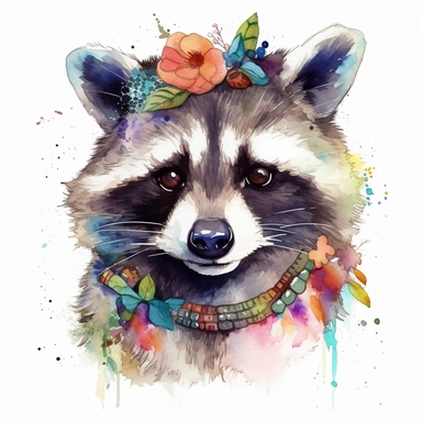 please create watercolor clipart of a raccoon smiling, wearing party COLLAR HAWAIANO, colorful, WHITE BACKGROUND