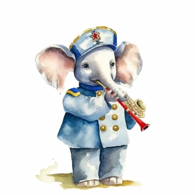 baby elephant as a marching band flute player, watercolor clipart, nursery style