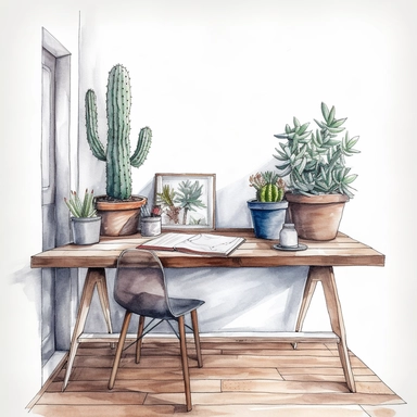 watercolor, hyper realistic, white background, white margins, 16k, ultra detailed clipart, cut out image, hand-drawn A minimalist study area with a small cactus on the desk and a larger potted plant on the floor, against a white brick wall.