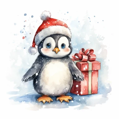 A lovable penguin wearing a Santa hat and a big smile, holding a christmas gift, standing on an icy surface, surrounded by snowflakes and a snowy backdrop, ornamental watercolor clipart