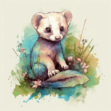 A detailed illustration an ferret, t shirt design, in the style of Studio Ghibli, pastel tetradic colours, 3D vector art, cute and quirky, watercolor clipart, white background watercolor effect, Adobe Illustrator, hand-drawn, digital painting, low-poly, soft lighting, bird's-eye view, isometric style, retro aesthetic, focused on the character,