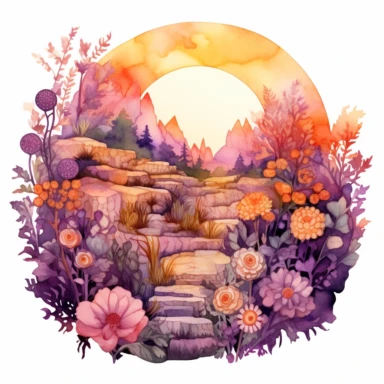 As the sun sets behind the hills, a watercolor Spring garden comes alive with hues of orange, purple, and gold, casting a magical glow, ,clipart, on a white background.