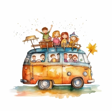 watercolor colorful clipart of a happy family road trip, hd, on white background